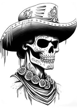 Tattoo template of a decorated sugar skull cowboy head with roses and floral patterns