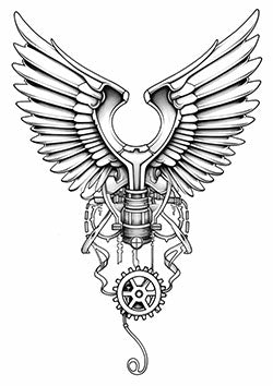 Tattoo template of a steampunk mechanical wings and gears design