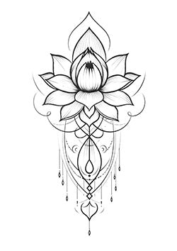 Tattoo template of a geometric lotus flower with jewel-like details and a serene, balanced design