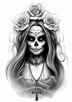 Tattoo template of a La Catrina figure with roses surrounding her head