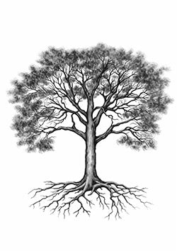 Tattoo template of a majestic tree with sprawling branches and deep roots