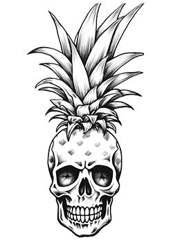 Tattoo template of a skull blending into a pineapple, symbolizing life and mortality