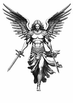 Tattoo template of a divine angelic warrior with two swords and wings