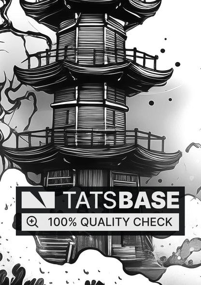 Tattoo template of a pagoda with waves and flying birds