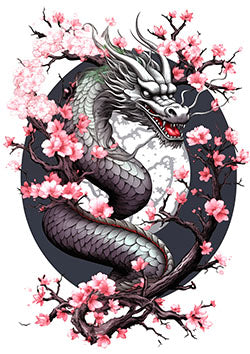 Tattoo template of a dragon with cherry blossoms