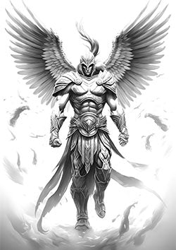 Tattoo template of a strong armored warrior with angelic wings