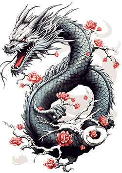 Tattoo template of an Asian dragon with cherry blossoms