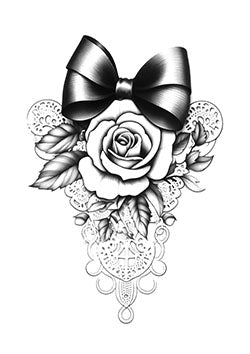 Tattoo template of a rose with a bow and lace patterns