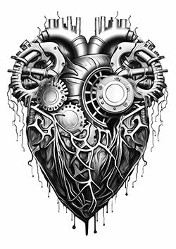 Tattoo template of a mechanical heart with gears and cables