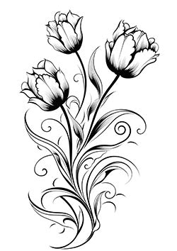 Tattoo template of a trio of stylized tulips with flowing curves