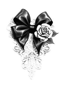 Tattoo template of a black bow with a rose on lace symbolizing elegance and remembrance