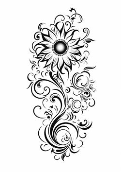 Tattoo template of a stylized sunflower with swirls and flourishes