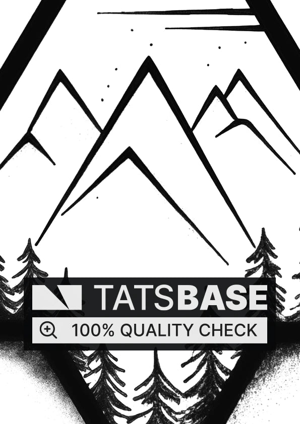 Tattoo template of a mountain landscape with pine trees in a triangle