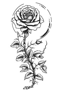 Tattoo template of a detailed rose with leaves and swirls