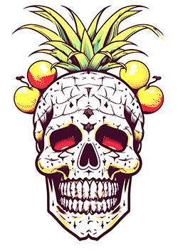 Tattoo template of a pineapple skull with leafy top and vivid fruits