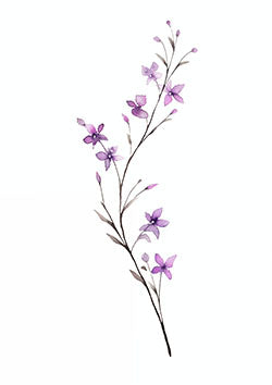 Tattoo template of a delicate floral branch in purple watercolor symbolizing elegance and tranquility