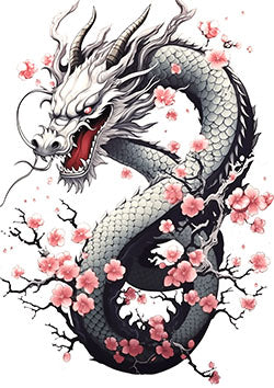 Tattoo template of a dragon amidst cherry blossoms