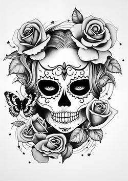 Tattoo template of a La Catrina skull with roses and butterflies, representing beauty and mortality.