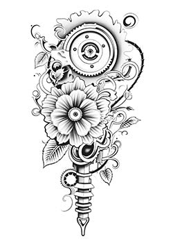 Tattoo template of a large flower intertwined with gears and mechanical elements.