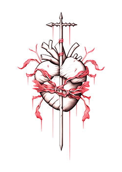 Tattoo template of a realistic anatomical heart pierced by a spear with flowing ribbons