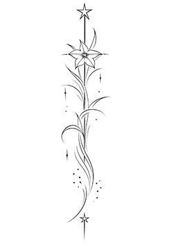 Tattoo template of a flower entwined with lines reaching towards stars