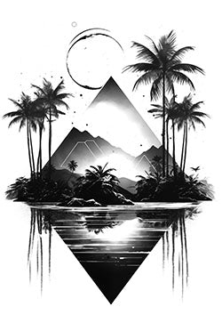 Tattoo template of a serene landscape with mountains and reflective water