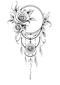 Tattoo template of a dreamcatcher embellished with roses and feathers