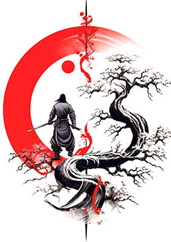 Tattoo template of a samurai with a red moon and cherry blossom