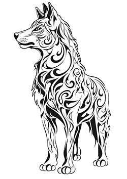 Tattoo template of a tribal wolf with swirling designs