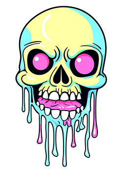 Tattoo template of a neon skull with pink eyes and melting drips, blending horror and surrealism