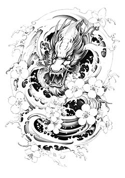 Tattoo template of a dragon with flowers and clouds