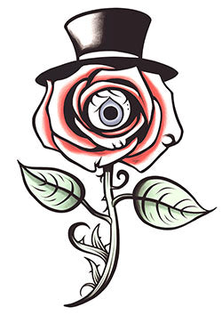 Tattoo template of a rose with an eye at its center and a top hat