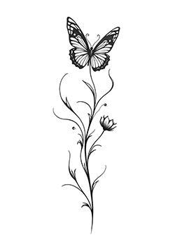 Tattoo template of a butterfly on a blooming flower stem