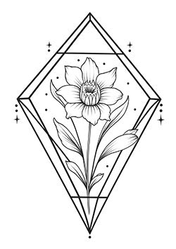 Tattoo template of a daffodil in a geometric diamond frame with stars