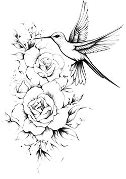 Tattoo template of a hummingbird near roses, representing nature's elegance and tranquility.