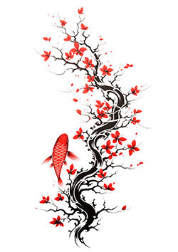 Tattoo template of a red koi fish with cherry blossoms on a branch