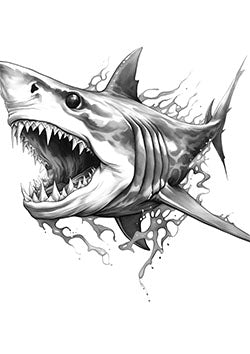 Tattoo template of a fierce, open-mouthed shark bursting through the water with aggressive intensity