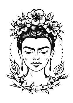 Tattoo template of a serene woman with flowers in her hair and leaves surrounding her