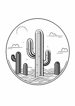 Tattoo template of a minimalist desert landscape with tall cacti in a serene setting