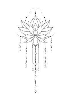 Tattoo template of a detailed lotus flower with dot work and hanging elements