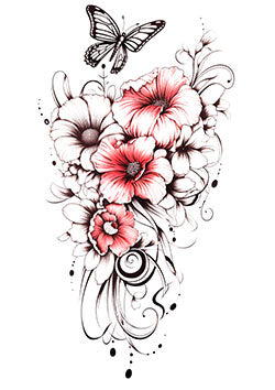 Tattoo template of monochrome flowers and butterfly