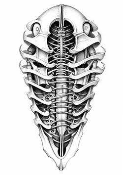 Tattoo template of a biomechanical fusion of skeletal and mechanical elements