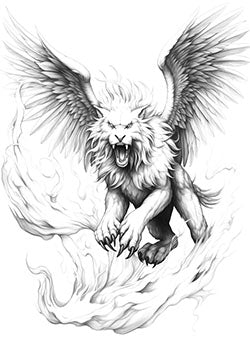 Tattoo template of a roaring winged lion surrounded by flames