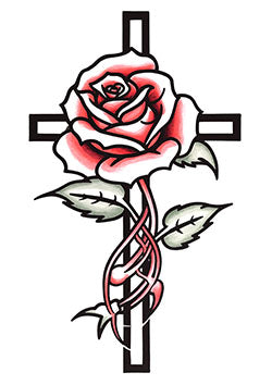 Tattoo template of a rose wrapped around a cross, symbolizing love and sacrifice