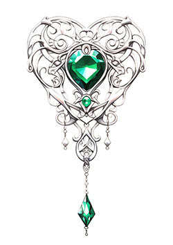 Tattoo template of a heart-shaped silver filigree with emerald gemstone and dangling jewels