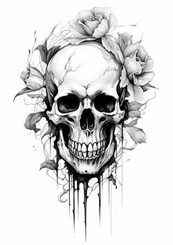 Tattoo template of a skull surrounded by flowers symbolizing the blend of life and death