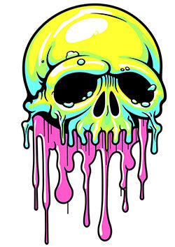 Tattoo template of a vibrant neon skull with dripping, melting colors in an edgy pop art style