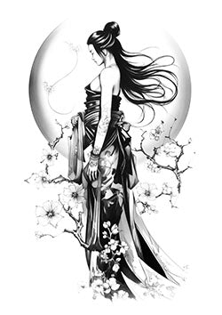 Tattoo template of an elegant woman with cherry blossoms and crescent moon