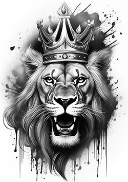 Tattoo template of a crowned lion with an ink splash