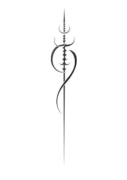 Tattoo template of a symmetrical black ink design with abstract curves and sharp lines